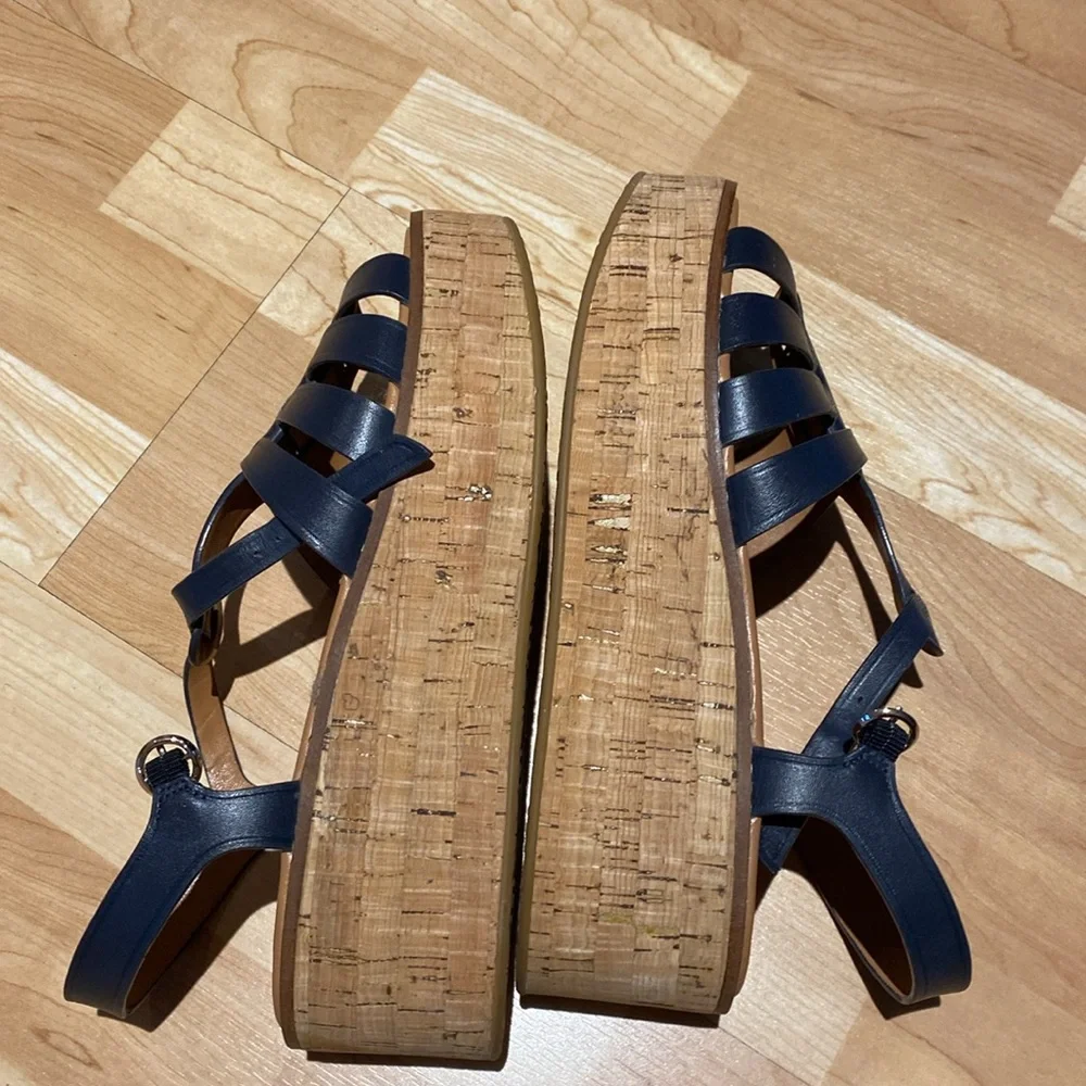 Coach Navy Leather Cork Wedge Sandals - Picture 5 of 7